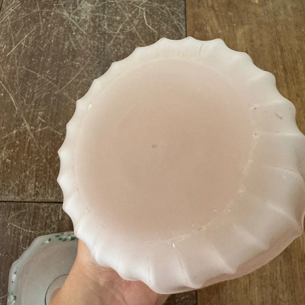 Antique Pink Depression Frosted‎ Satin Glass Biscuit Jar Hand Painted Floral Lid